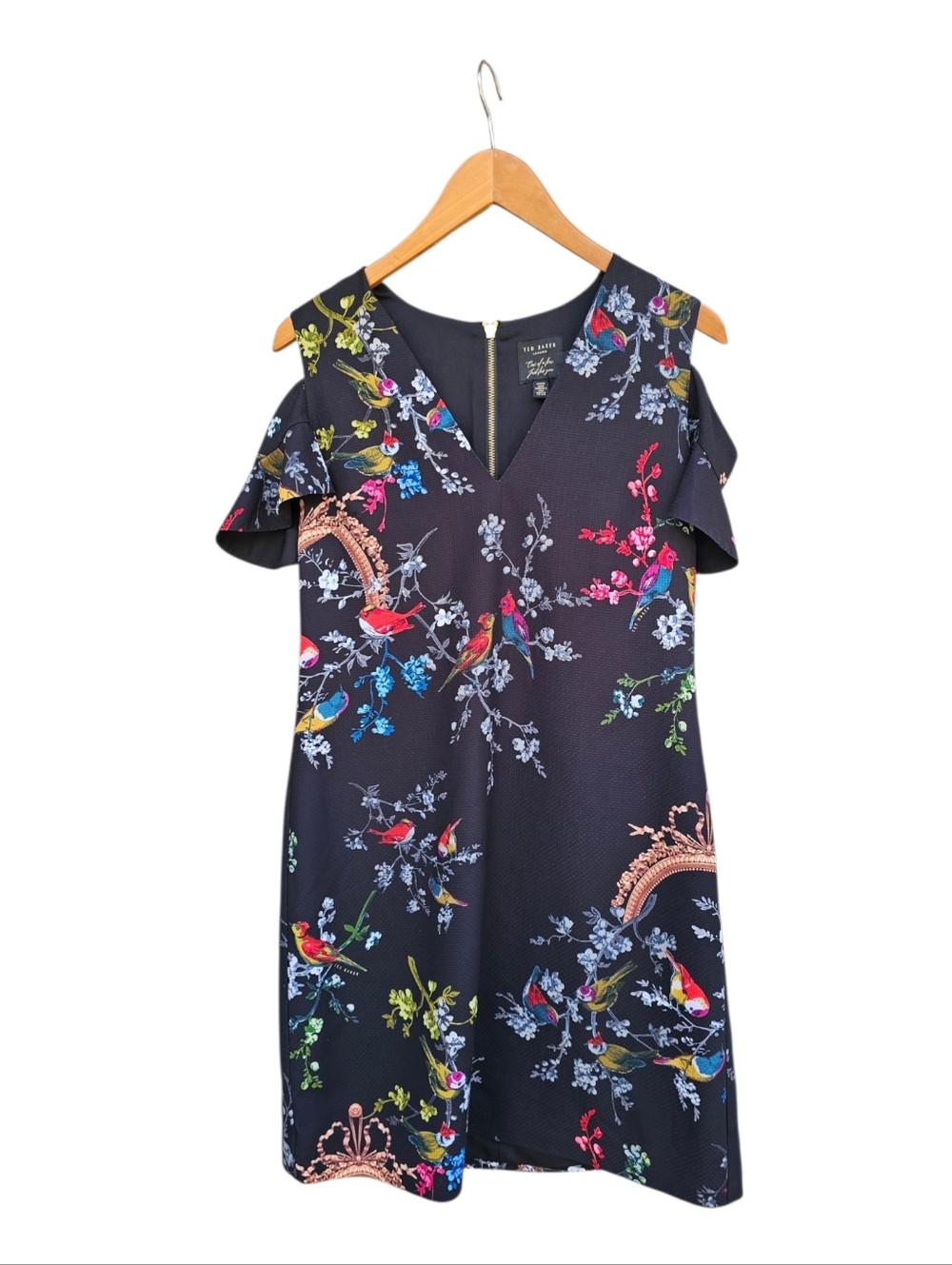 Ted Baker Black Bird & Floral Cold-Shoulder Mini Dress Size 3 (8 US) - Picture 3 of 13